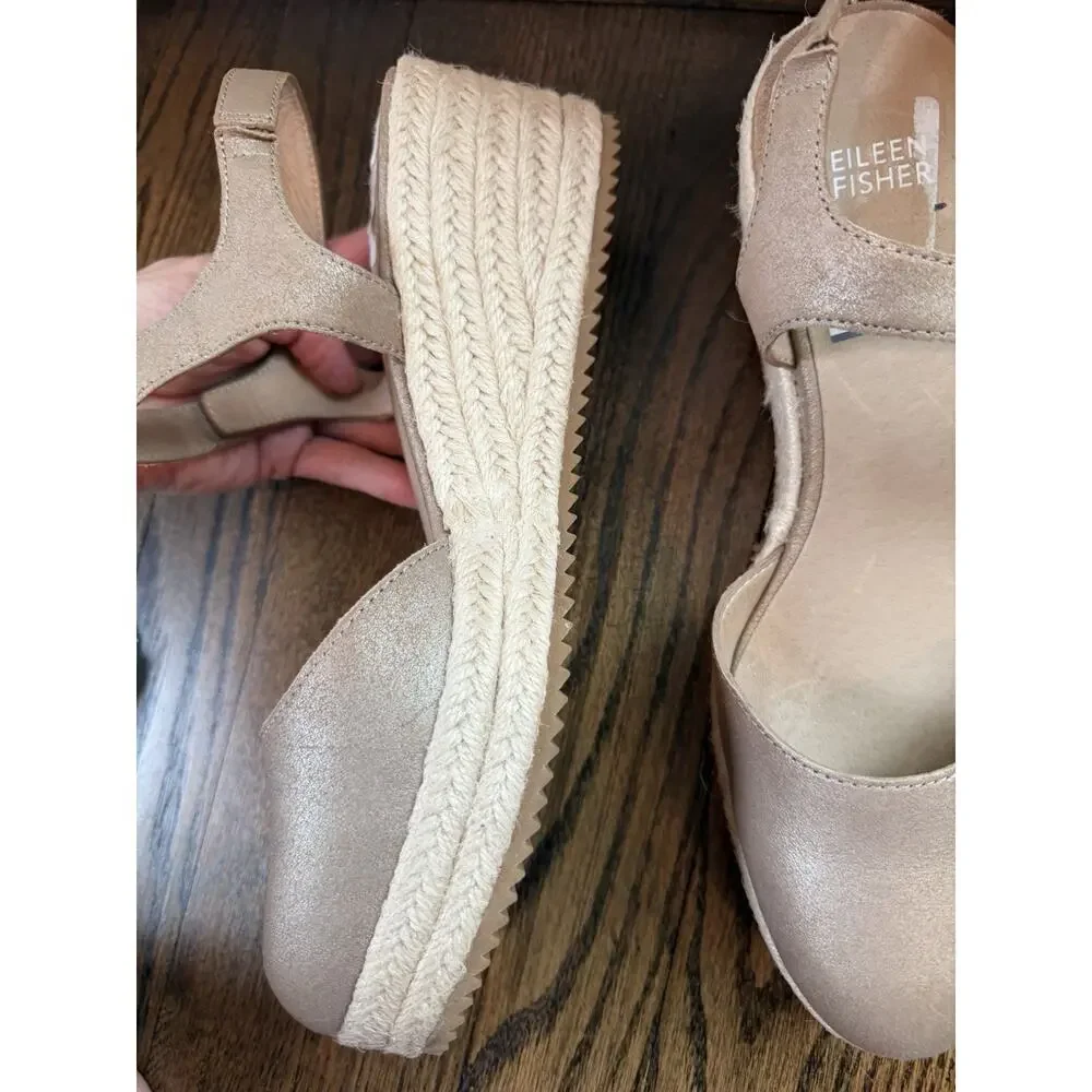 Eileen Fisher Nessa Espadrille Wedge Suede Leather Sandals Tan Beige Size 10 NEW
